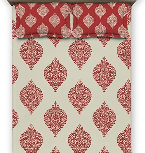 Image of DDECOR - Medallion 100% Cotton Fitted Bedsheet with 2 Pillow Covers, King Size, Red