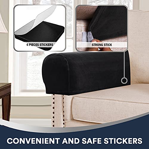 Sofa Armrest Covers Stretch Velvet Plush Arm Covers For Chairs And Sofas Anti-Slip Couch Armrest Covers With Sticker Furniture Armrest Protector For Sofa Couch Chair Recliner, Set Of 2, Black #TOP5