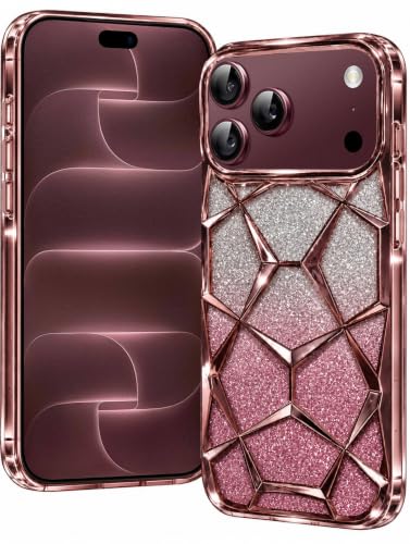 Image of VONZEE Gradient Glitter Back Cover Case Compatible with iPhone 18 Pro Max, Luxury Electroplated 3D Cube, Diamond Bling Shiny Soft TPU Clear Shockproof Women Girls Protective Phone Cover (Rose Gold)