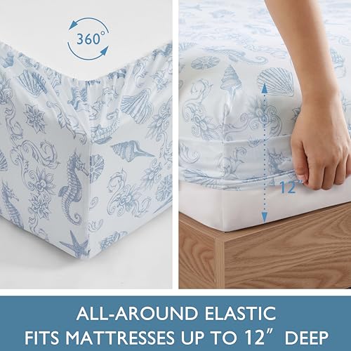 Image of Caribbean Joe Queen Coastal Print Microfiber Sheet Set, Coastal Brocade