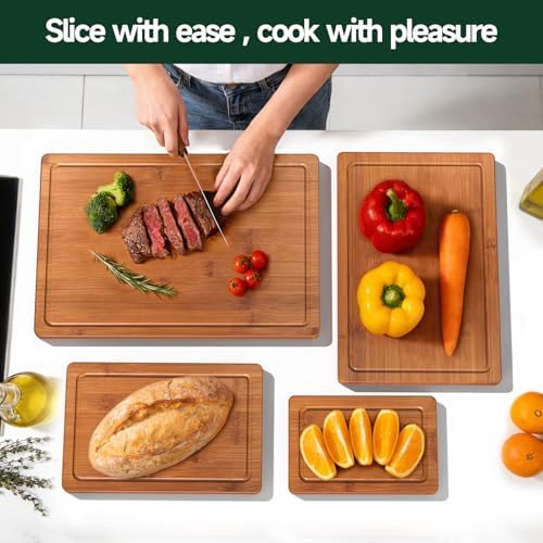 Zeawec 4-Piece Set Deep-Carbonized Bamboo Cutting Board for Kitchen - Crack-Resistant Wood Chopping Boards with Deep Juice Grooves, Pre-Oiled Butcher Block for Meat, Vegetables & Cheese, Carbonized — view 6