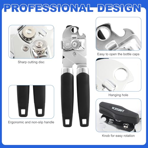 Image of Manual Can Opener, Food-Safe Stainless Steel, Smooth Edge, Tin Lids Jar Bottle Caps Openers with Non-Slip Handle and Ergonomic Turning Knob for Elderly with Arthritis(Black)