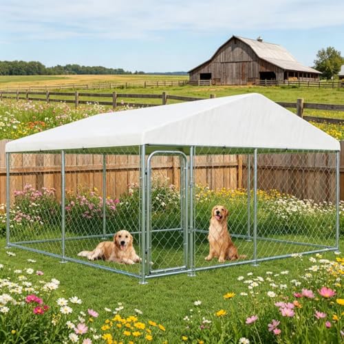 LotFun Duty Outdoor Dog Kennel 10 x 10 FT Dog House Enclosure Alloy Steel UV-Resistant Canopy Cover Double Lock Security System