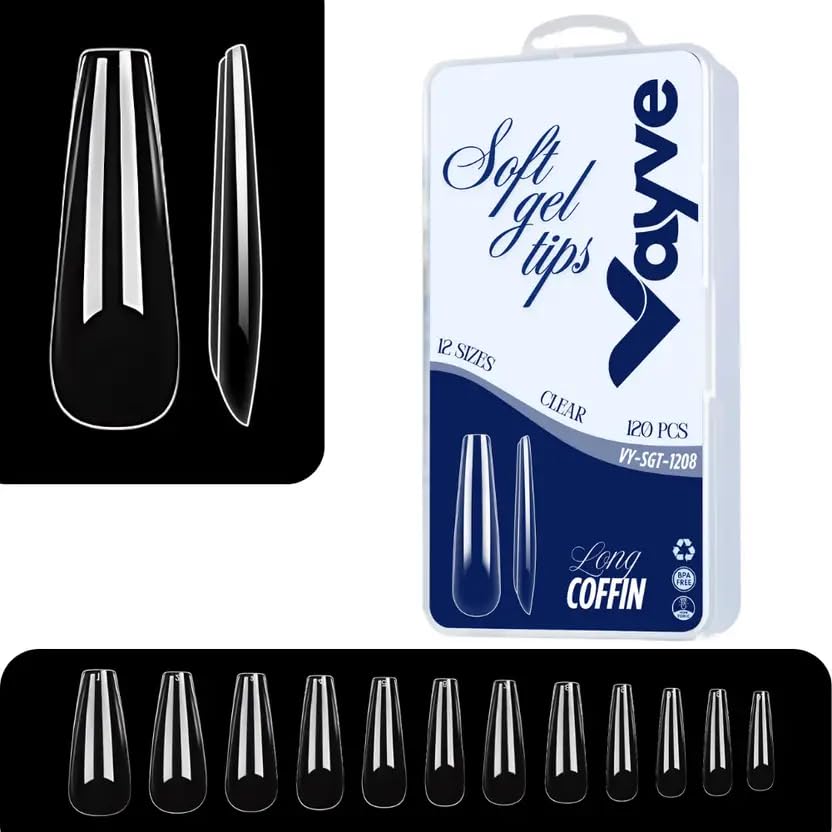 Soft Gel Nail Tips Artificial Nail Nail Extension Set- False Nails Full Cover Soft Nail Tip | Nail Salons DIY Nail Art with Box (Pack of 120) (Long Coffin 1208)