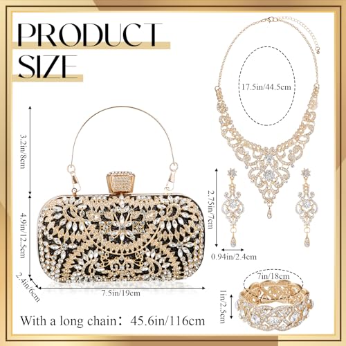 Image of Quelay 4 Pcs Purse Rhinestone Jewelry Set for Wedding Bridal Women Evening Clutch Bag Necklace Dangle Earrings Bracelets