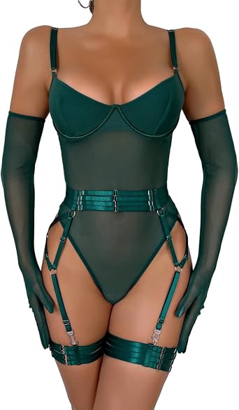 Women's Sexy Mesh Bodysuit Deep V Backless Snap Crotch Garter Lingerie Set Matching Gloves