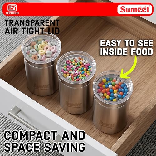 Image of Sumeet ISI Certified Stainless Steel Big Canisters /Dabba /Storage Containers for Kitchen with See Through Air Tight Lid - Set of 3 Pcs - 1100ml, 10cm Dia, Silver