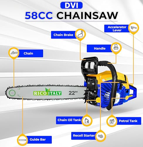 Image of DVI 5800 Heavy Duty Chain Saw with 58 CC, 2 Stroke Petrol Engine Power & 22 inchinch Blade /Bar Cordless Chain Saw Cuttingsaw For Farm, Garden & Professional Use (DVI RI 58CC CHAINSAW)