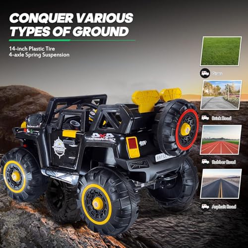Image of Driving EV Cars for 1, 2, 3, 4, 5, 6 Years | Remote + Steering + Mobile App Control | Kids Jeeps (Jumbo Size KAB2188 [1-8 Year Kids], Black /Yellow)