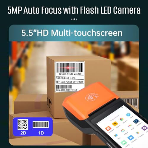Bisofice Android 14 PDA Handheld POS Terminal Belegdrucker, Mobile Computer PDA mit 1D 2D QR Barcode Scanner, WiFi & 4G, BT, 5.5 Touchscreen 5MP Camera für Einzelhandel, Lager, Logistik, POS System