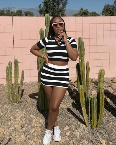 Image of HBQ Women's Casual 2 Piece Skirt Sets Polo Collar Crop Top Striped Mini Dress Summer Vacation-Stripe