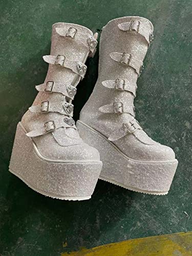 YDYCG Winter Big Size 43 Black Gothic Style Cool Punk Motorcycles Boots Female Platform Wedges High Heels Calf Boots Women Shoes (Color : White, Shoe Size : 7.5)