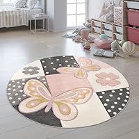 Kids Room Rug Pastel Colors Butterflies Check Pattern Spots Flowers Colourful