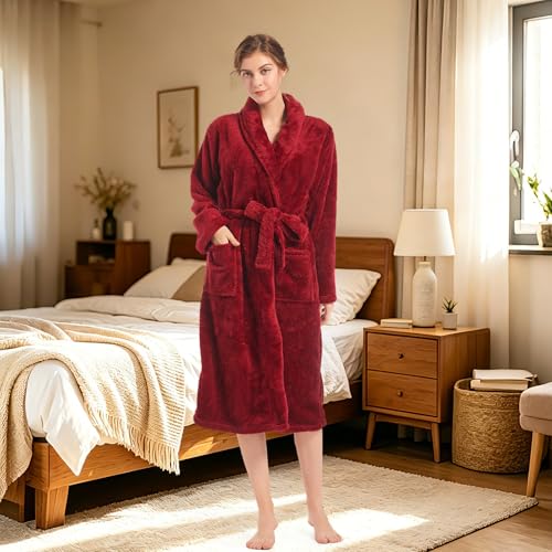 Inner Wish Womens Plush Fleece Robe, Highly Absorbent Cozy Warm Bathrobe Fuzzy Female Spa Robe With Pockets, BURGUNDY, L/XL - image 5