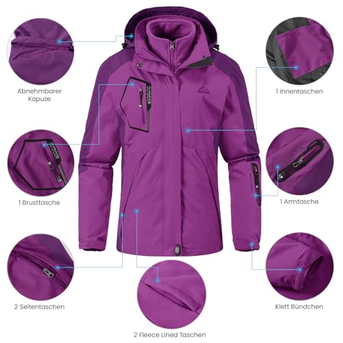 donhobo Damen 3-in-1 Jacke Fleecejacke wasserdichte Winddichte Skijacke Winterjacke Wanderjacke Softshelljacke Regenjacke mit Kapuze Lila L