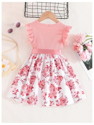 WDIRARA Girl's Floral Print Ruffle Trim Sleeveless Belted Dress Party Flared A Line Dresses2