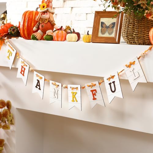 Marsui 5 ft Thanksgiving Banner Wooden Mantel Decor Thankful Banner Fireplace Garland Thanksgiving Rustic Farmhouse Decor for Harvest Party Home Indoor Fireplace Wall Celebration Shelf Display