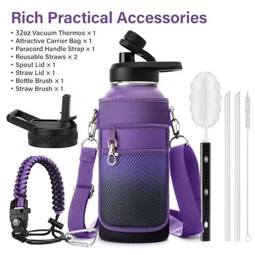 Insulated Water Bottle | Thickened Stainless Steel Vacuum Metal | Portable Sports Water Jug for Gym and Hiking with Straw, Carrier Bag, Handle Strap | BPA-Free 32 oz