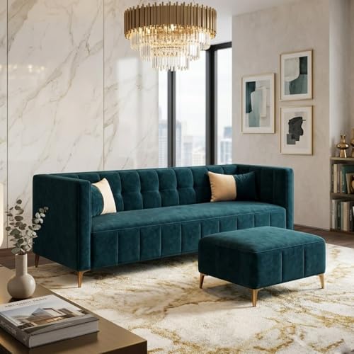 Image of SOCOZI Stylluxe 4 Seater L Shape Sofa Set with Movable Ottoman | Flexible Left or Right Layout | Soft Velvet Suede Fabric | Modern Design | Plush Comfort Cushions for Living Room (Green Teal)