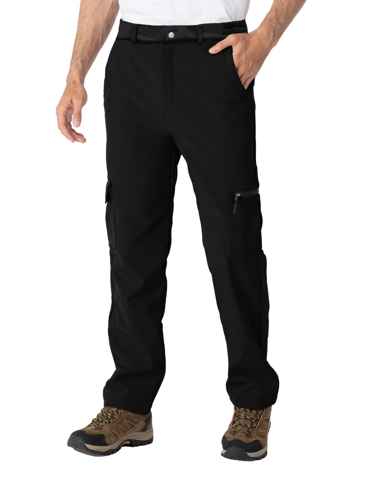 TBMPOY Męskie spodnie softshell z podszewką polarową wodoodporne wiatroszczelne na kemping narciarstwo snowboard czarne 38
