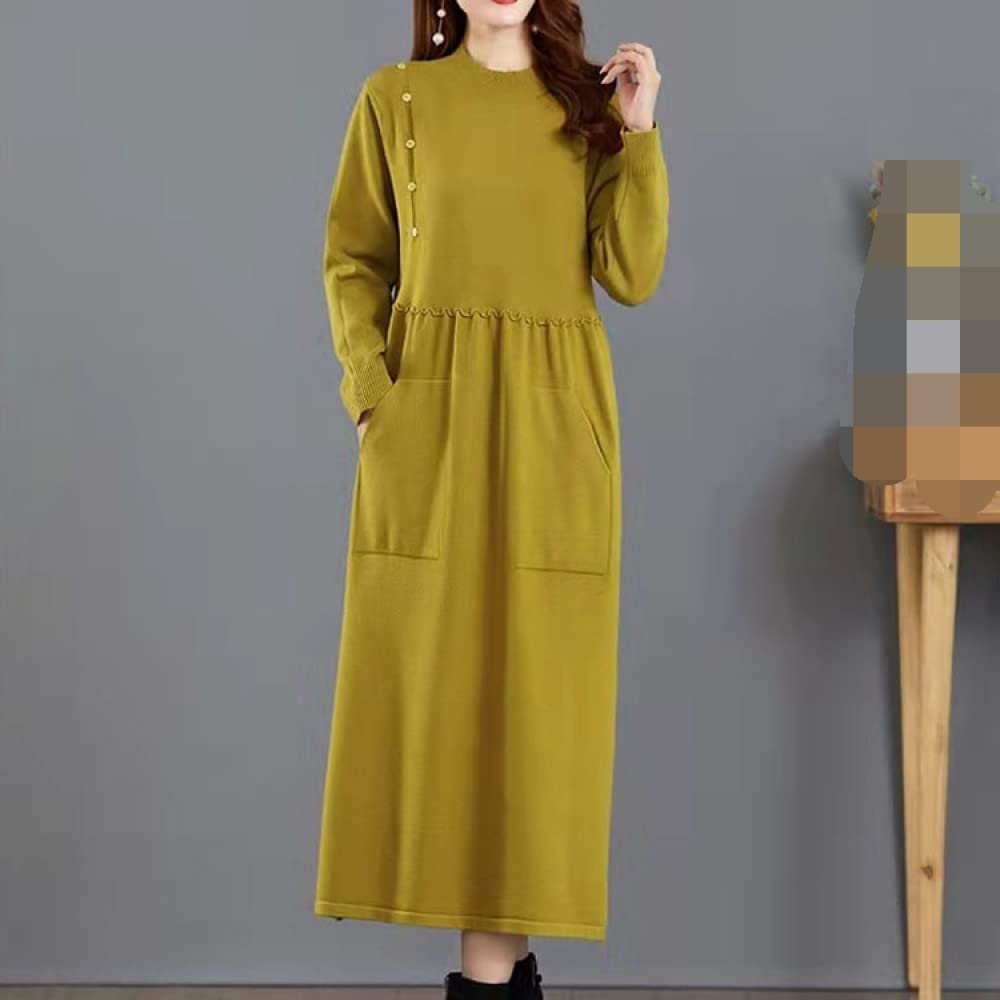 Pulls Tricot Femme,Pull en Tricot À Col Rond pour Femme Jaune avec Poches Robe Pull Élégant All-Match Bottoming Printemps Automne Pull Jumper Mode Cadeau pour Petite Amie Fête des Mères