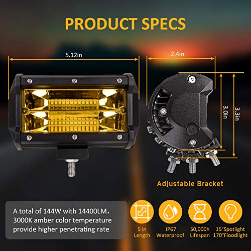 Zmoon LED Light Bar 5 Inch, 2PCS 144W Yellow Fog Led Driving Lights Waterproof Spot & Flood Work Light for Truck Jeep SUV Boat ATV 4WD Car Golf Cart - Thumbnail 5