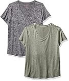 Danskin Women's 2 Pack Essential V Neck T-Shirt, Black Space Dye/Green Jungle Space Dye, Large