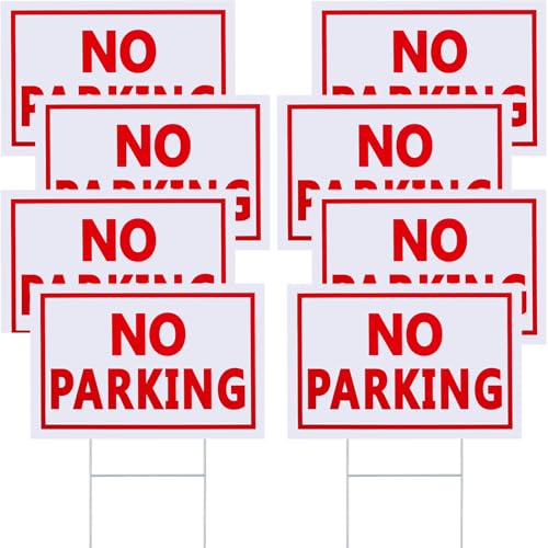 Juexica 8 Pcs 8 x 12 Inch No Parking Signs with Stakes Plastic Waterproof Outdoor Double Sided No Parking Yard Signs with Metal H Stands for Driveways Yard Lawn (Red Letters on White Background)