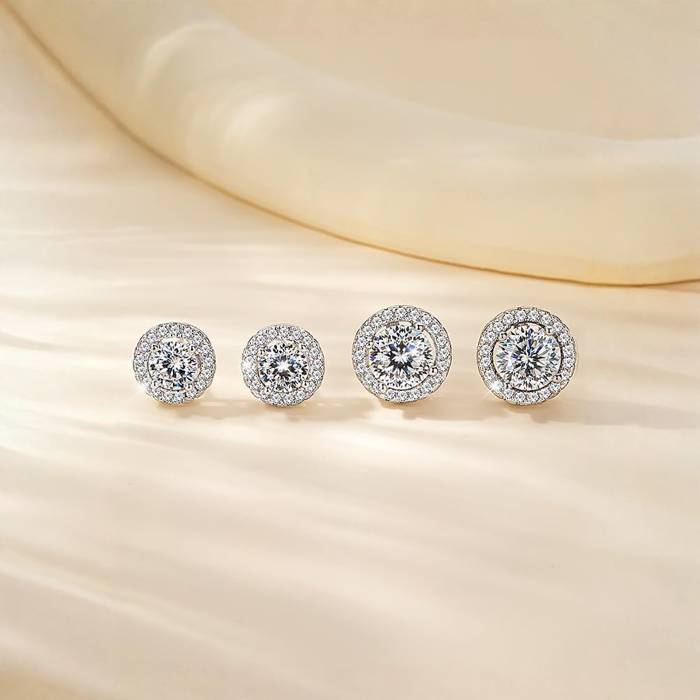Cubic Zirconia Stud Earrings 925 Sterling Silver Post Halo Bridal Wedding Stud Earrings Hypoallergenic for Women Round/Heart/Square - Image 3