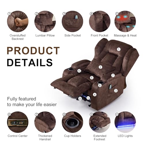 Image of DRMBOOK Power Recliner Chair, Electric Wall Hugger Reclining Sofa with Massage & Heat, Overstuffed Theater Seating with LED /USB Port /Cup Holders for Living Room (Velvet Brown, 1 Chair)