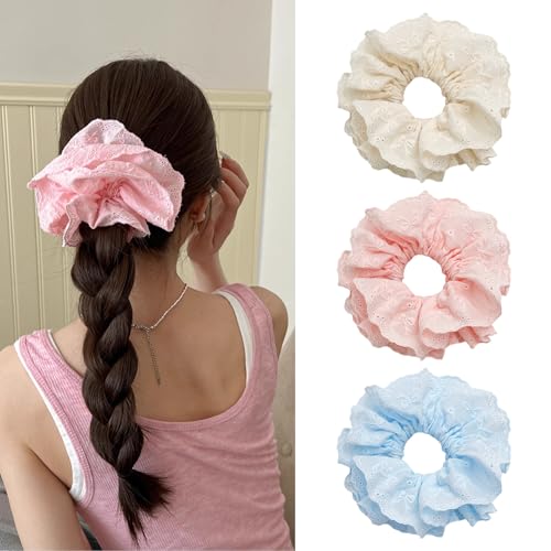 3 Pcs Lace Hair Scrunchies Double Layer Embroidered Bow Lace Hair Ties Elastics Ponytail Holder Styling Accessories for Women