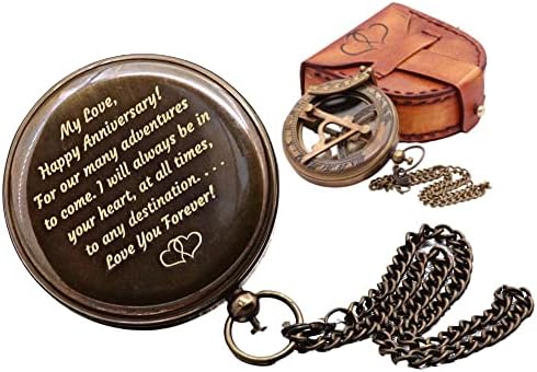 YVCrafts Brass Sundial Compass with Leather Case and Chain, Engraved Gift for Him, Sundial Clock Unique Gifts for Men, Personalized Compass for Boyfriend, Fiancé (Happy Anniversary)