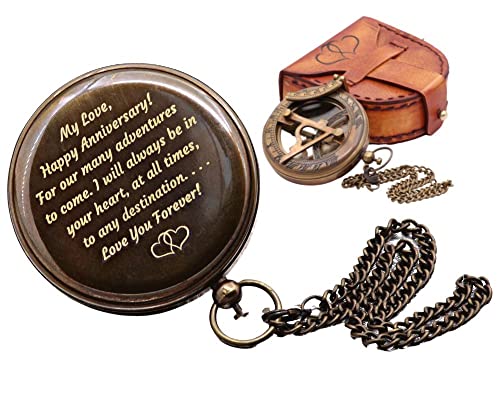 Yvcrafts Brass Sundial Compass With Leather Case And Chain, Engraved Gift For Him, Sundial Clock Unique Gifts For Men, Personalized Compass For Boyfriend, Fiancé (Happy Anniversary) #TOP9