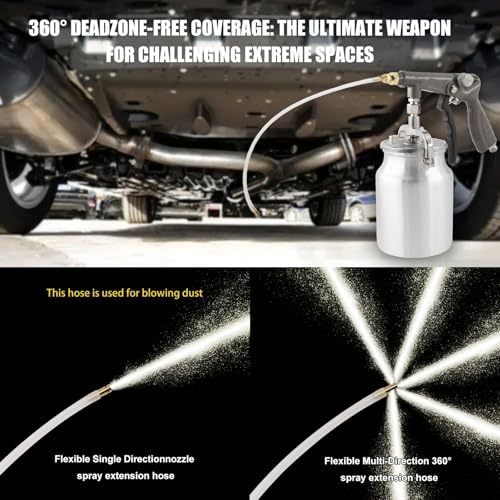 Image of Air Undercoating Spray Gun with Suction Feed Cup & Gauge, 2 Extension Wands 360Straight Spray Hoses, Fluid Film Spray Gun for Truck Bed Liner Spray Coating, Rubberized Undercoat