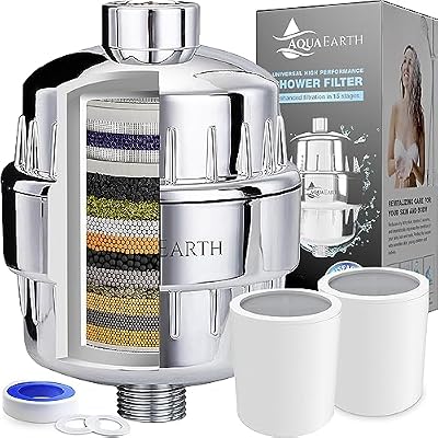 Shower Head Filter For Hard Water to Remove Chlorine Fluoride Water Softener Coconut Shell Activated Carbon Reduces Dry Itchy Skin Heavy Metals Other Sediments Vitamin C Aqua Earth