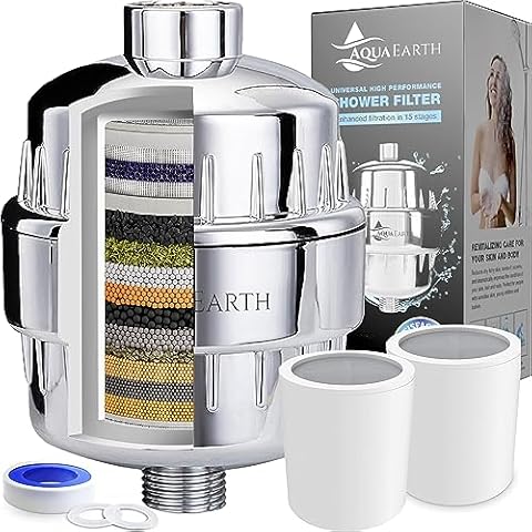 Shower Head Filter For Hard Water to Remove Chlorine Fluoride Water Softener Coconut Shell Activated Carbon Reduces Dry Itchy Skin Heavy Metals Other Sediments Vitamin C Aqua Earth Cover