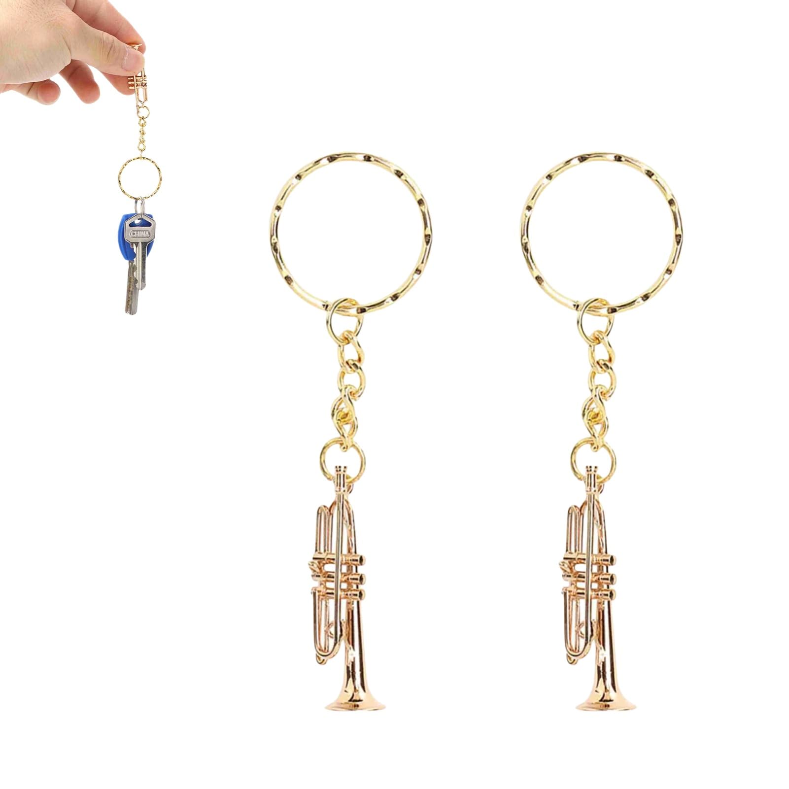 Beufee 2PCS Trumpet Keychain, Mini Trumpet Key Chain Instrument Keyring Trumpet Pendant Key Ring Musical Instruments Ornament for Keys Wallet Handbags
