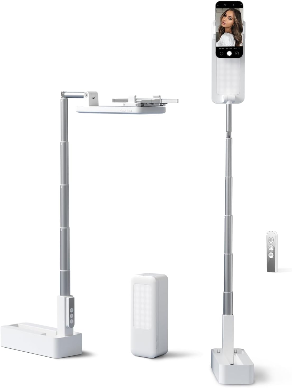Phone Stand for Recording, Overhead Phone Mount with Light, Selfie Stand,Portable,Extendable,360° Rotate,Adjustable,Wireless Remote,Rechargeable, for 3.5-6.9" Phones, Live Streaming, White