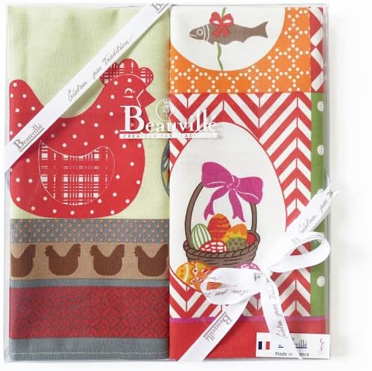 Beauvillé, Printemps Gift Box of 2 Luxury French Easter Kitchen/Tea Towels, Silk Screen Printed
