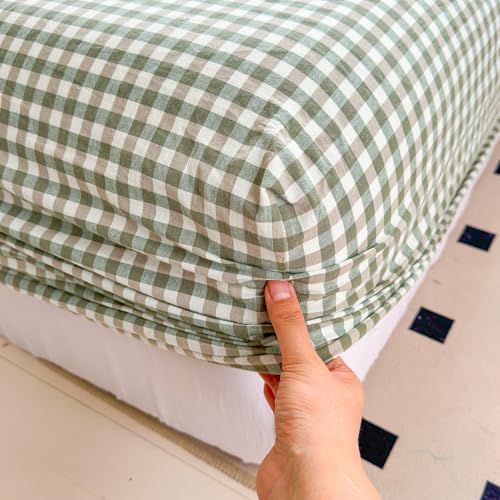 Image of Mucalis Green Gingham Fitted Sheet Queen Only Deep Pocket 16 Inch 100% Washed Cotton Tan White Plaid Checkered Bottom Sheet,Soft,Breathable,Easy Care