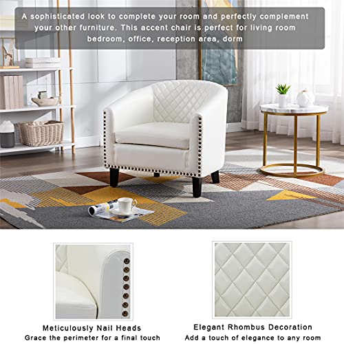 Modern Accent Barrel Chair, Rhombus Armchair With Nail Head, Tub Rivet Chair With Wood Legs, Faux Pu Leather Club Sofa Side Chair For Living Room, Bedroom, Home Office (Bright White + Pu) #TOP6