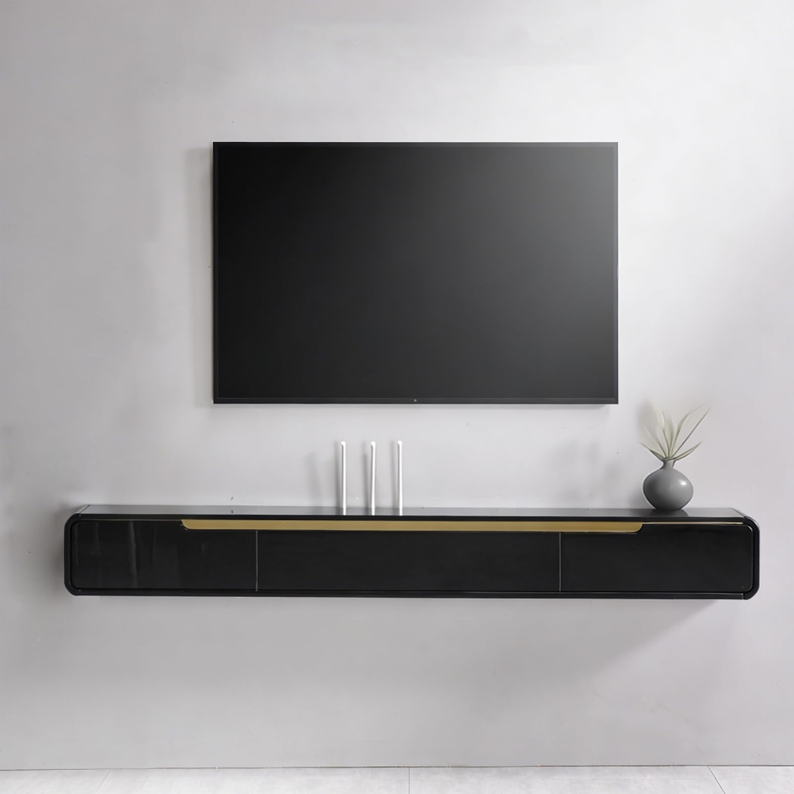 Mueble de TV Colgante de Madera Maciza, Estante Flotante Moderno con 2 Cajones, Orificios para Cables, Bordes Redondeados, Salón Dormitorio (A Negro, 140CM)