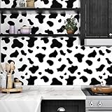 Mangoloo Cute Black Cow Printed Peel and Stick Wallpaper Black and White Contact Paper for Countertops Backsplash Self Adhesive Removable Cow Wall Decals for Bedroom Locker Wallpaper 17.5''x102''
