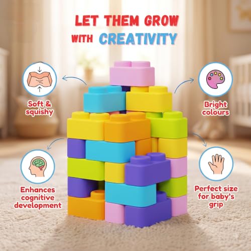 Image of Soft Squishy Building Blocks for Babies and Toddlers, 21 Pcs Non-Toxic Stacking Blocks Set, Teething Safe Sensory Toy for Infants 5 Months+