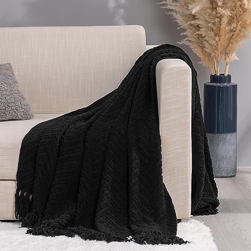RECYCO Chenille Knit Throw Blanket for Couch, Versatile Decorative Woven Knit Chenille Blanket for Bed, Super Soft Warm & Cozy Knitted Throw Blanket with Tassels for Sofa, Chair. Black, 60”x80”