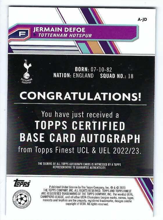 Miniatura 2 de JERMAIN DEFOE 2022-23 Topps Finest UEFA Champions League Club Competitions Soccer AUTOGRAPH Card #A-JD England Tottenham Hotspur