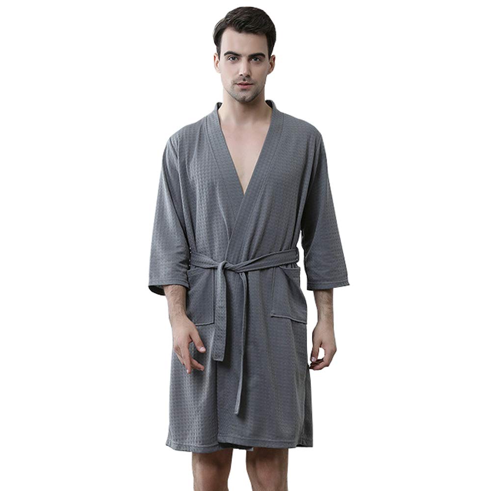 Rojeam Men's Grey Kimono Waffle Robe Unisex Lightweight Soft Knee Length Spa Bathrobe Sleepwear With Pockets, M