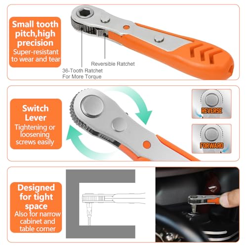 Image of 19in1 Right Angle Ratcheting Screwdriver Set，90 Degree Security Bit Set ，Magnetic Right Angle Screwdriver Low Profile，[Bearing Steel] ，36-Tooth Mini Ratchet Wrench, for Tight Spaces, Bike