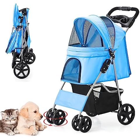 LPOTIUS Dog Stroller for Small Dogs, Portable Pet Stroller for Cats Folding Puppy Stroller Lightweight Dog Cat Cage Jogger Stroller with Storage Basket and Cup Holder, 4 Wheels, Blue Cover