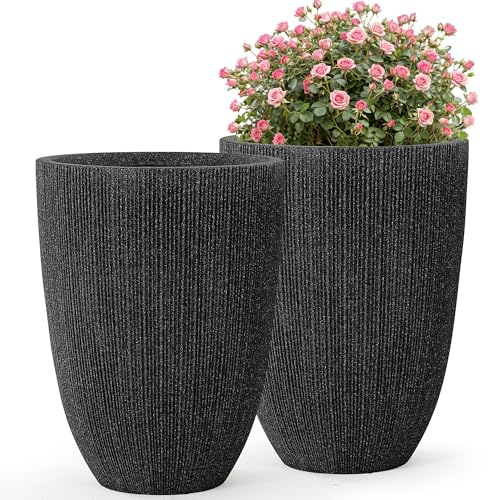 Ultym 19" Concrete-Style Tall Round Planters for Indoor Outdoor Plants, Set of 2 Decorative Fluted Large Flower Pot, UV-Resistant Top-Tier Resin Planters for Garden Patio Porch Home Office Decor